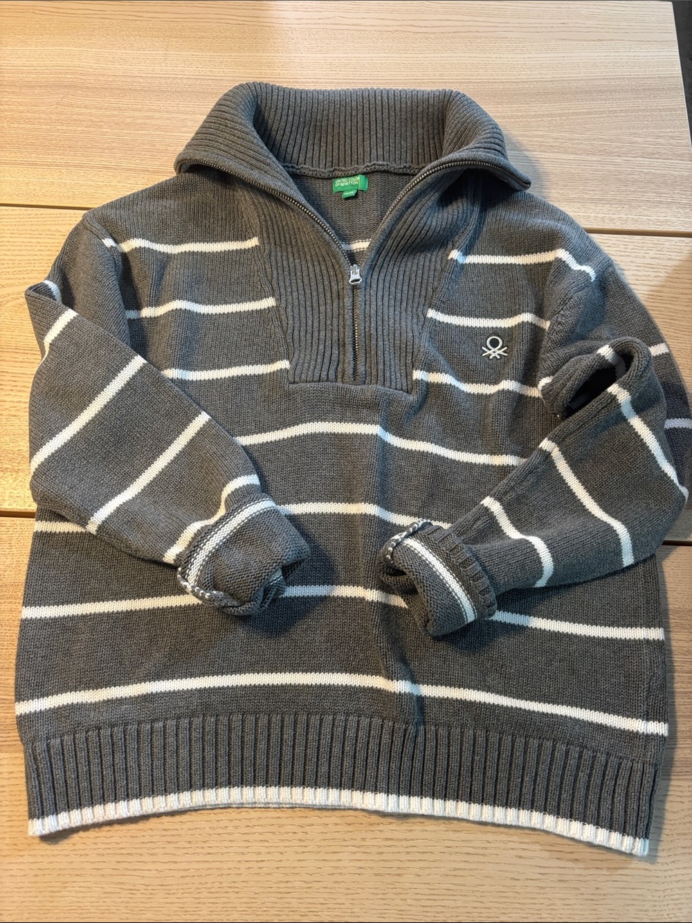 United Colors Of Benetton Gray & White Striped Half-Zip Sweater